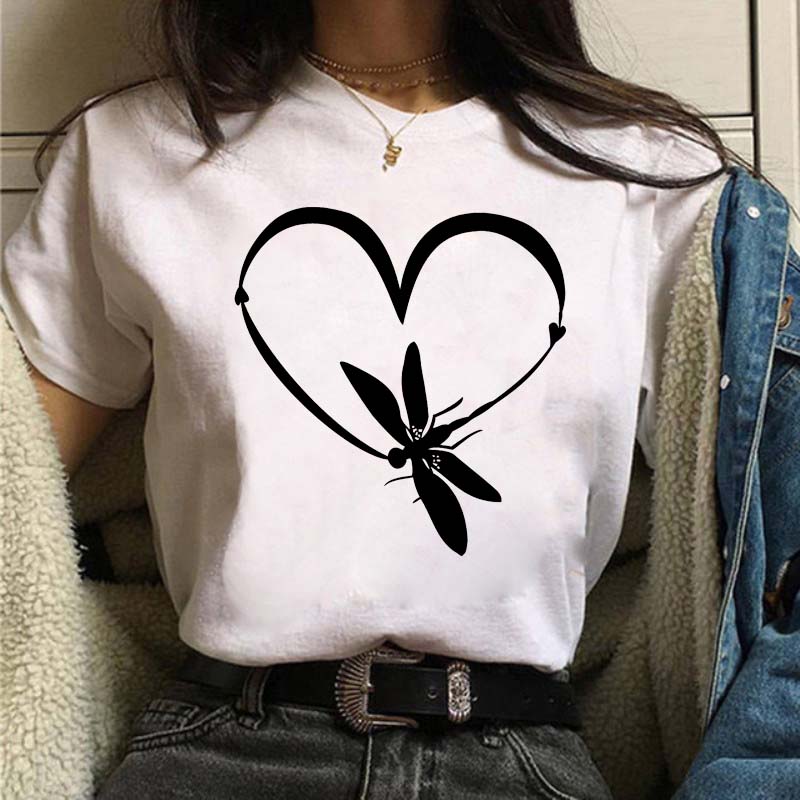 New Love Heart Dragonfly Print Women T-Shirt Fashion Casual Short Sleeves Ladies O-Collar T Shirts Streetwear Graphic Print Tops