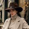 Cappello a cilindro in lana retrò europeo e americano etichetta in metallo a forma di foglia nastro a trama larga tesa larga cappello da cowboy atmosfera autunno e inverno cappello da viaggio donna