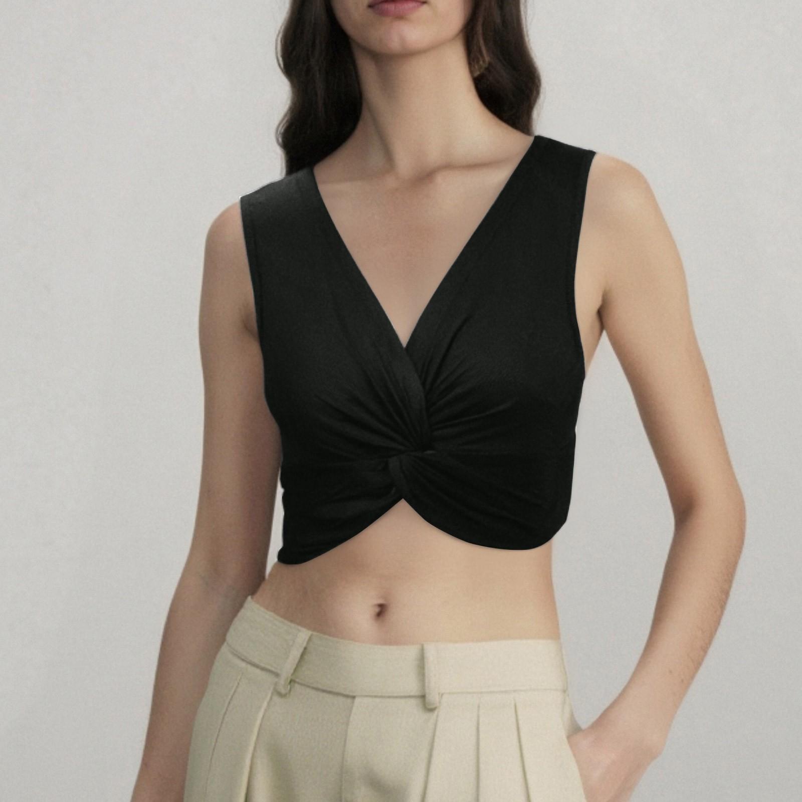 

Модная женская облегающая короткая майка без рукавов с перекрутом XS чёрный