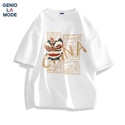 GENIOLAMODE Men's Chinese Trend Lion Dance Print T-Shirt