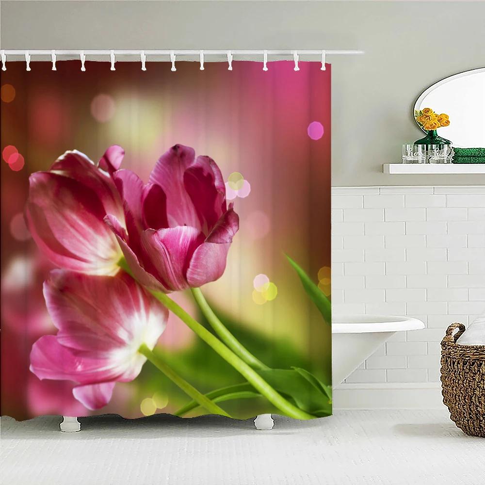Colorful Tulip Flowers Shower Curtains 3D Beautiful Flower Print Bath Curtain Waterproof Fabric With Hooks Bathroom Decoration
