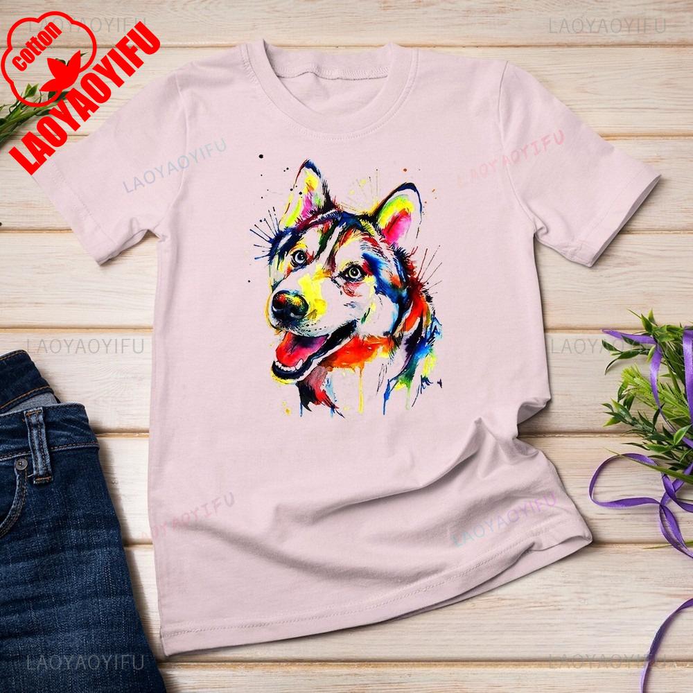 Colorful Siberian Husky Tops Tee Shirt Creative Color Husky Image Printed T Shirt Tops Unisex Unisex High Quality Cotton Summer Tee