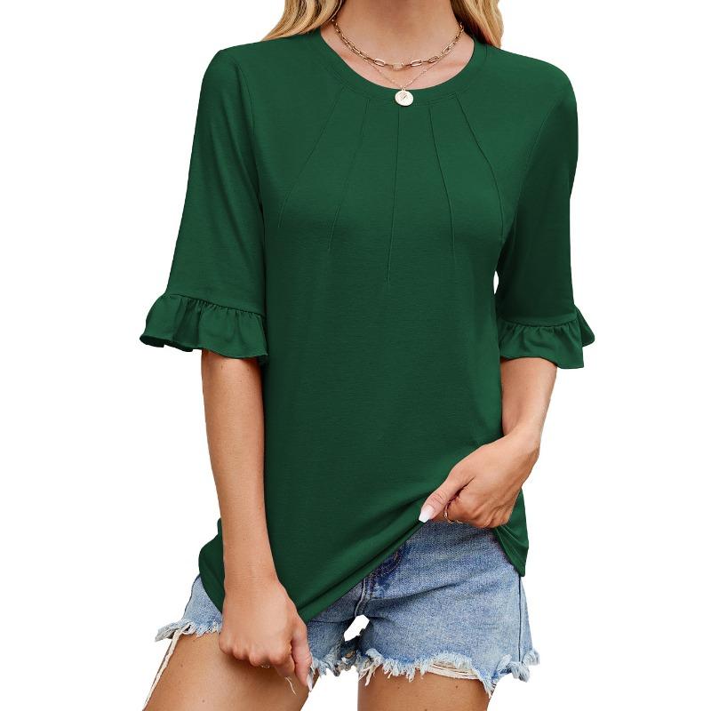 Women's Spring and Summer New Solid Colour Striped Round Neck Ruffled Sleeve Mid-sleeve T-shirt Tops