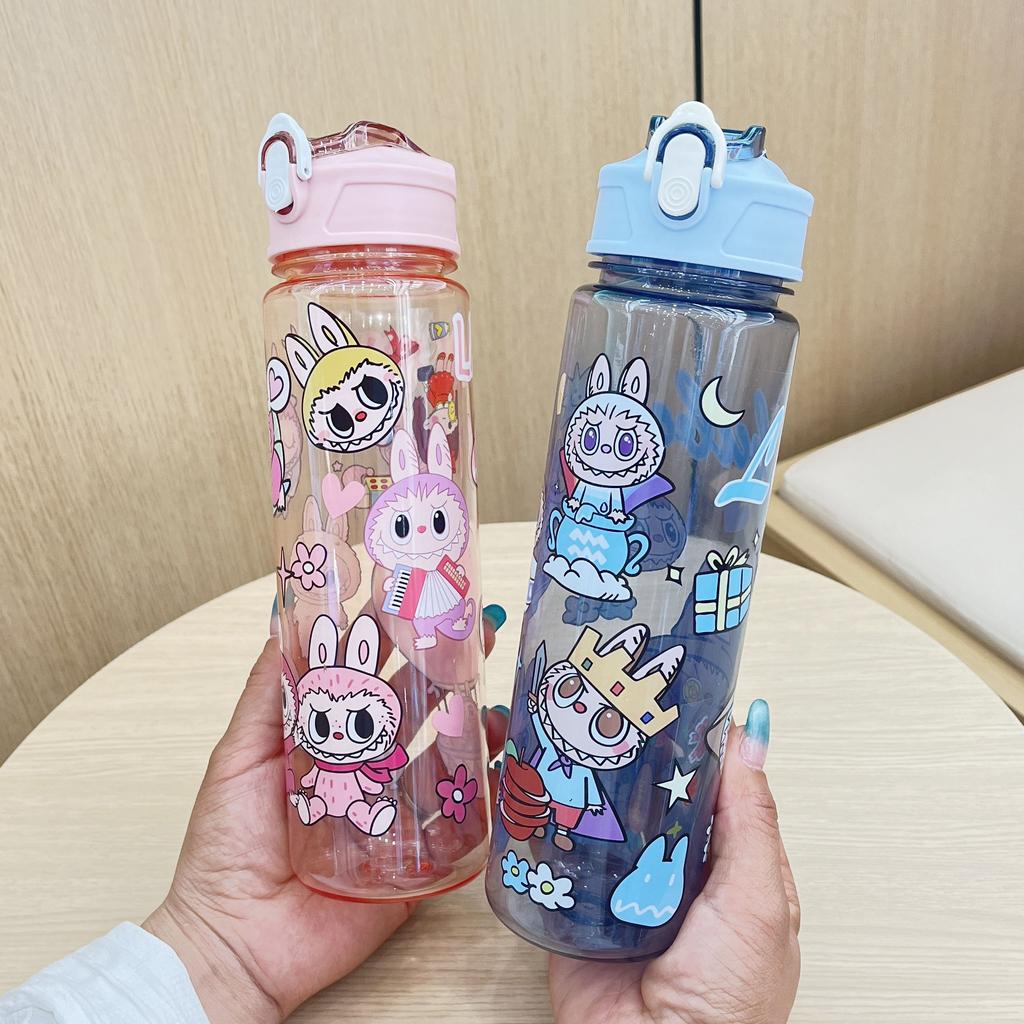 Cartoon Travel Water Cup Portable Lifting Rope Printed Transparent Plastic Cup High Value Cute Straw Cup