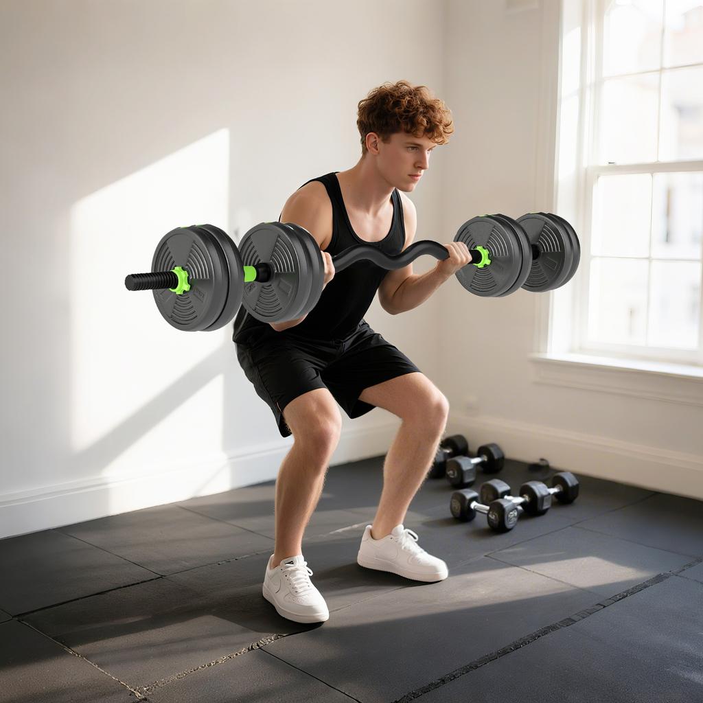 15 Kg 3-in-1 Adjustable Dumbbell & Barbell Set with EZ Bar, Connecting Rod and Non-Slip Grip for Home Gym, Green
