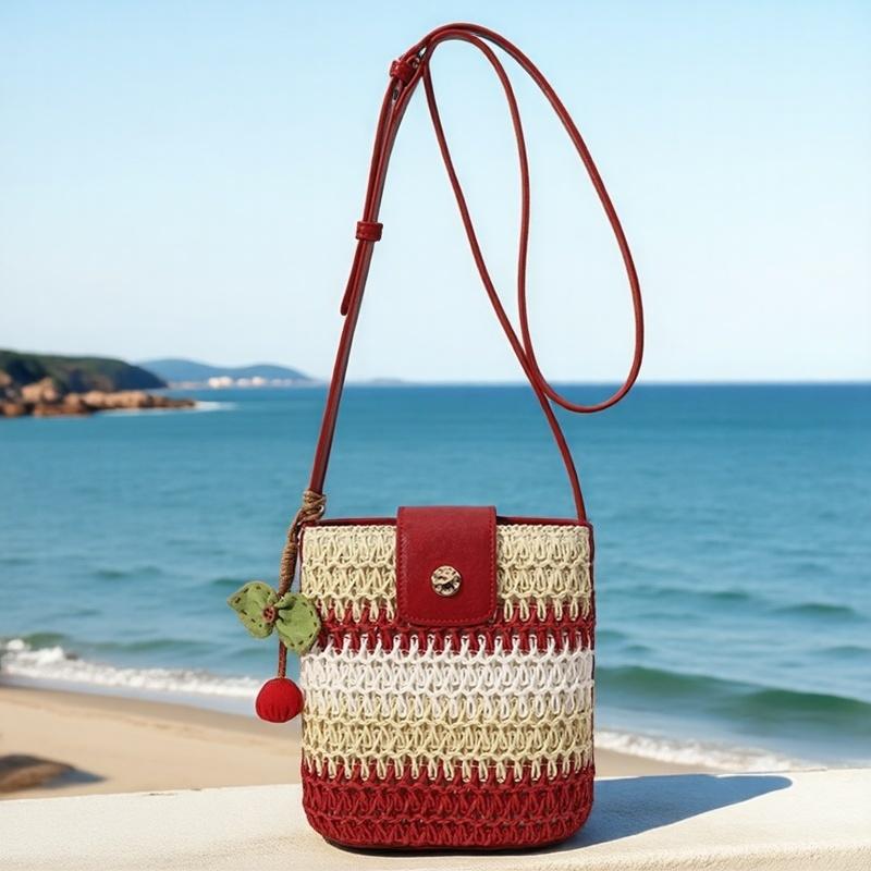 

JIAERDI Harajuku Aesthetic Summer Color Block Bucket Bag Women Beach Vacation Woven Handbag Casual Shoulder Crossbody Small Bag 16x18x9cm красный