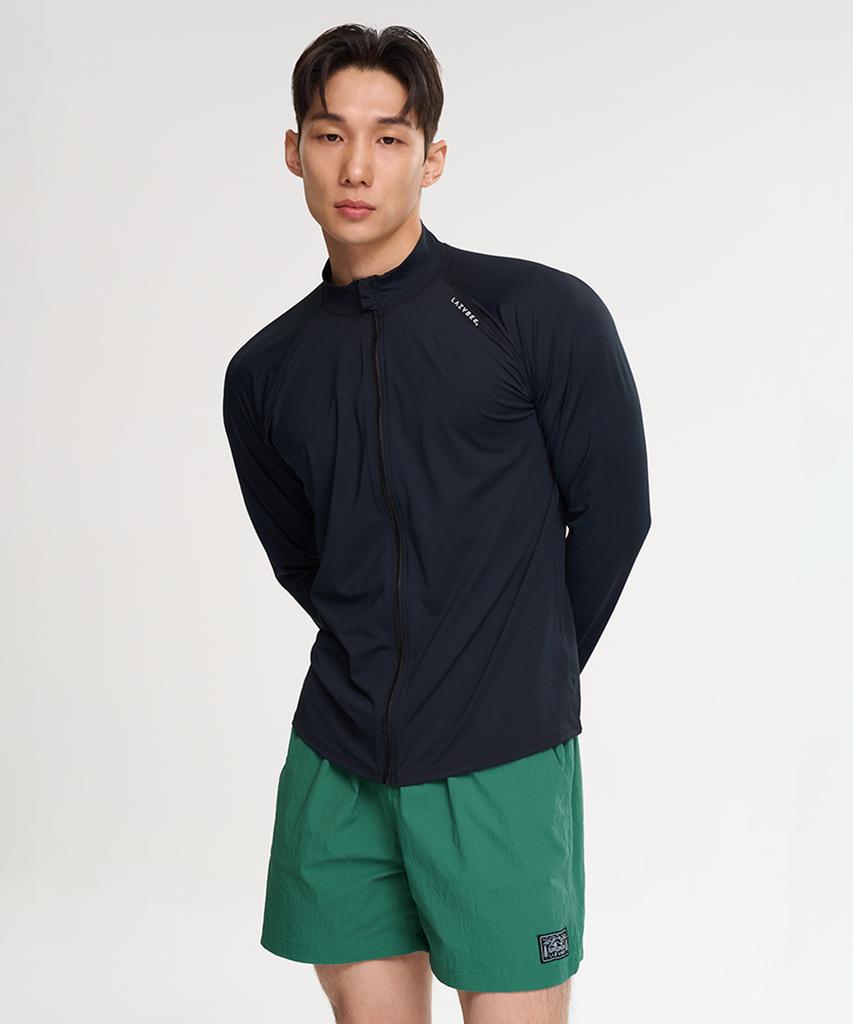 Leijibi [Set] Essential Loose Fit Long Sleeve Zip-Up Rash Guard + Swimsuit Shorts Set W (6 Colors) (B Type)