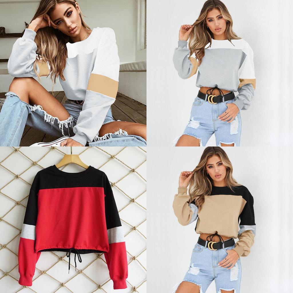 Premium Quality Woman Autumn Winter Color Patchwork Long Sleeve Round Neck Tie Sweatershirt For Effortless Style