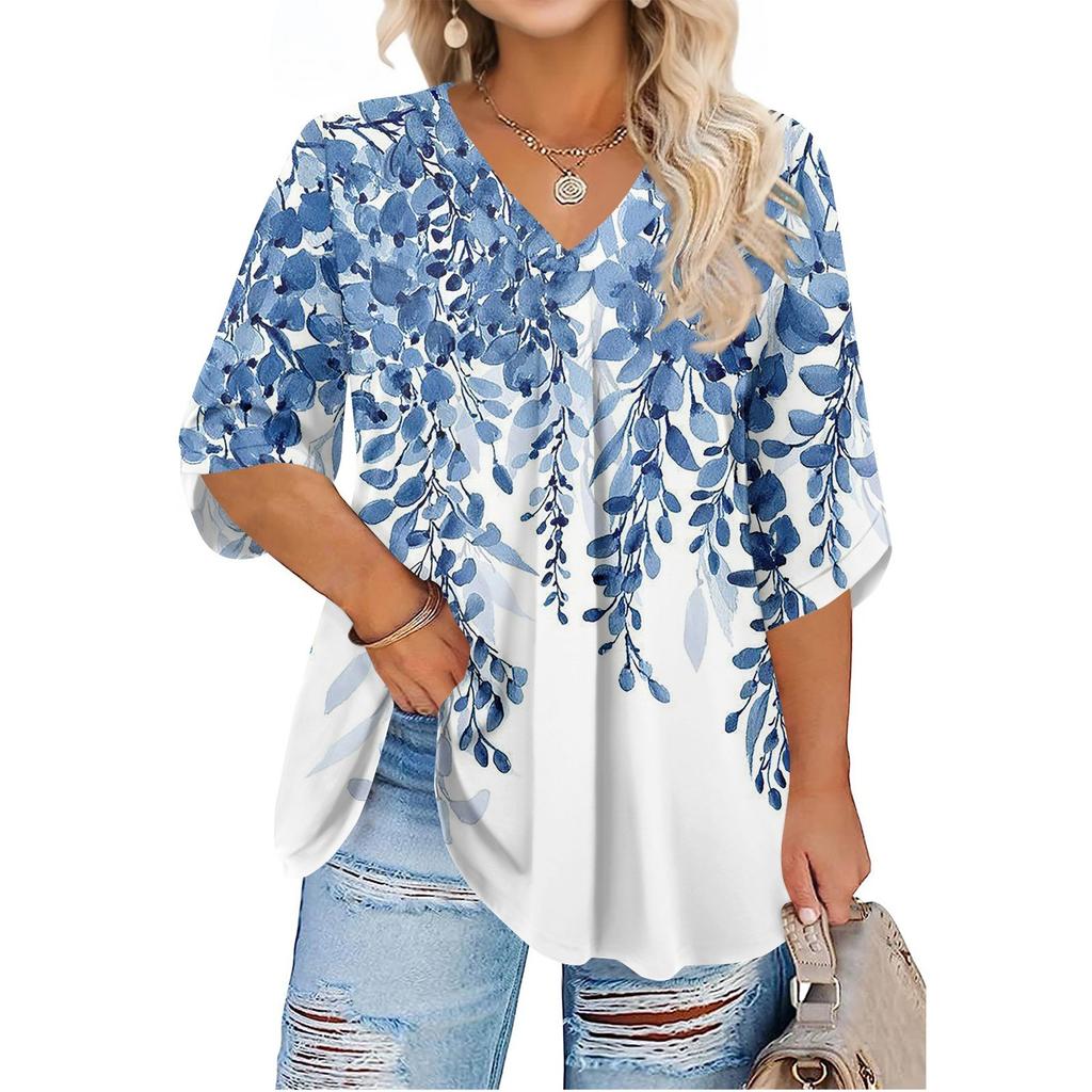 Women's Fashion Large Size Printed V-Neck Three-quarter Sleeve Top