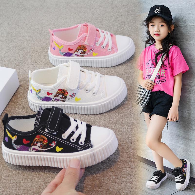 Children Cartoon Mermaid Cute Lovely Fashion Casual Canvas Shoes Low Top Girls Female Sneakers Classic Board Shoes