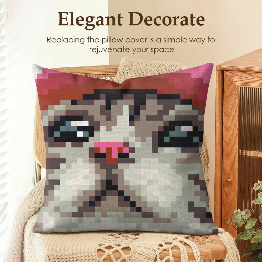Meme Pixel Cat Cute Funny Cushion Cover Natural Linen Organic Fabric DoubleSided Printing Sofa Home Decor Gift Pillow Case