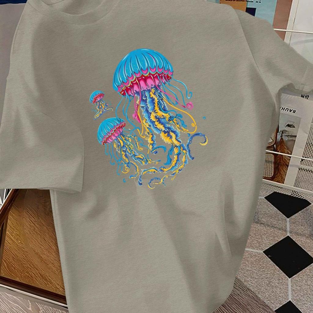 Colorful Psychedelic Jellyfish Graphic Mens Cotton TShirt Round Neck Casual Short Sleeve Summer Tee