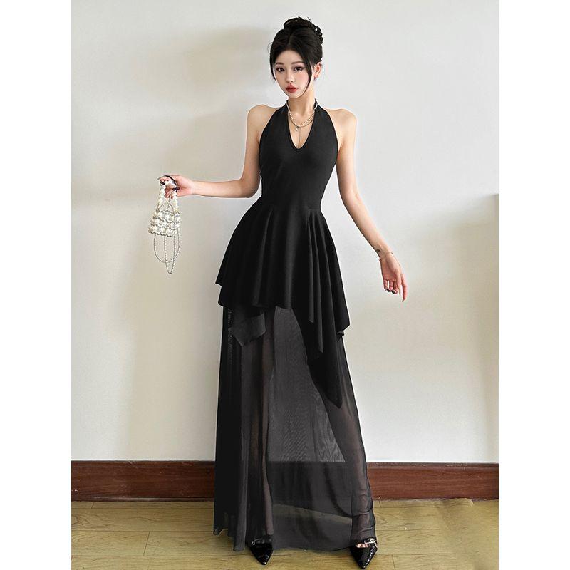 # Sisjuly# French style Pure Desire Mesh Patchwork Perspective Pleat Hanging Neck Dress Women Irregular Slimming Long dress