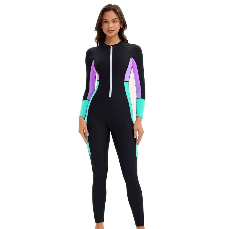 Conservative Muslim Swimsuit Women's Tight All-around Long Sleeve Trousers Sun-proof Color-block Swimsuit