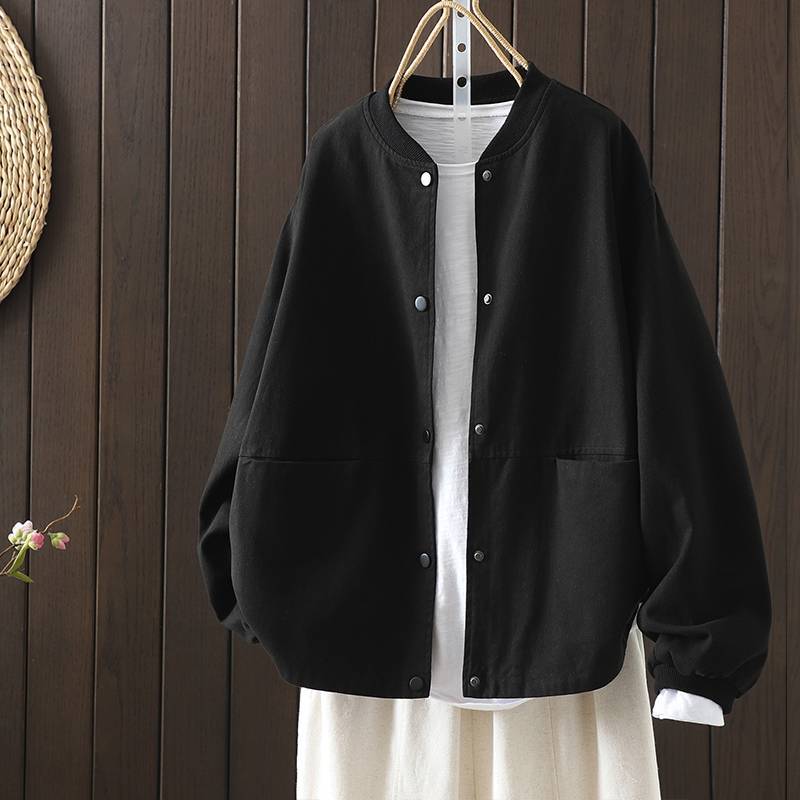 Spring Women Jacket Stand-up Collar Solid Color Loose Leisure Long Sleeve Commute Coat Women Retro Clothes
