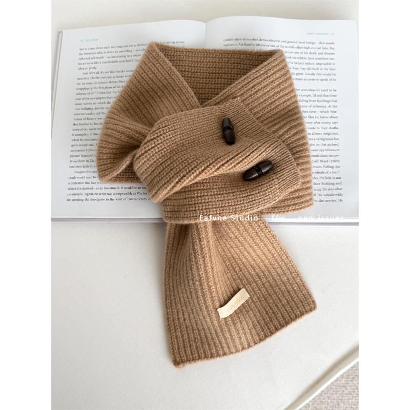 Pure Wool Horn Button Scarf Solid Color Small Scarf Cross Ladies Lazy Warm Autumn and Winter Collar
