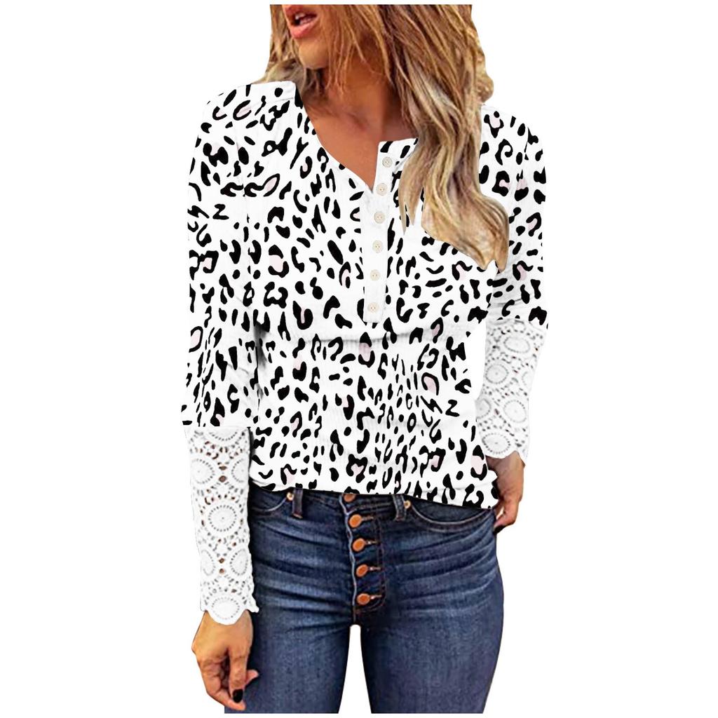 Womens Fashion Lace Long Sleeve Hole Strip Slim Round Neck Button Print Pullover Women's T-Shirt