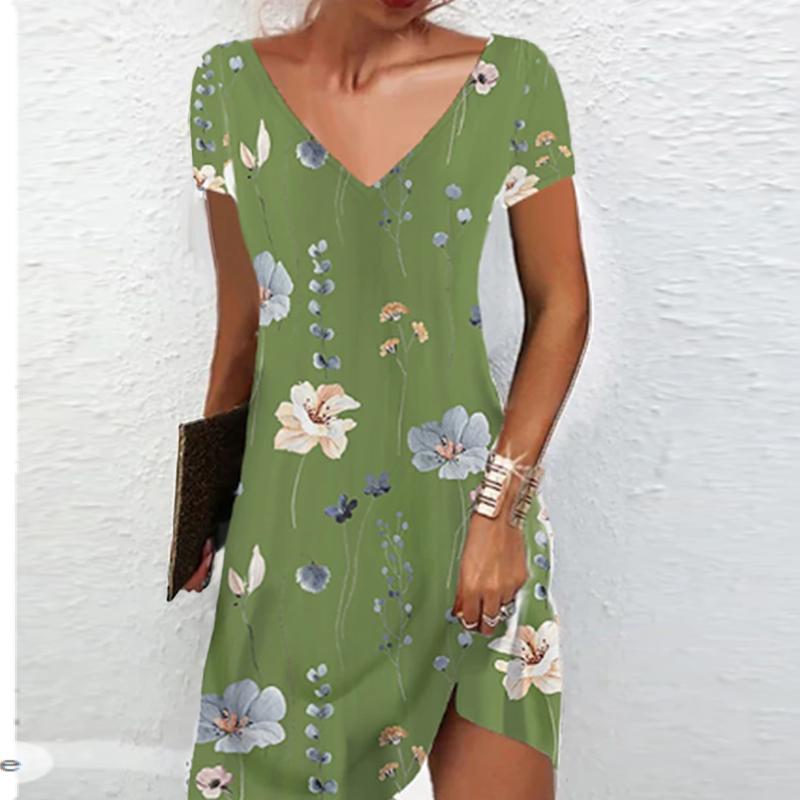 Sommermote Dame V-hals Kort Erme Retro Blomsterprint Kjole Sex Korte Skjørt Kjoler