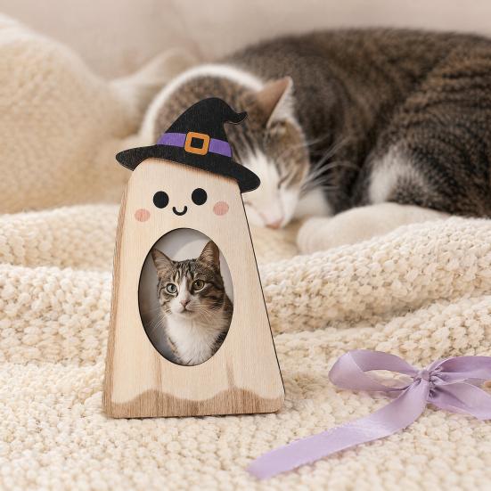 Holiday Gift Photo Holder Halloween Wooden Frame, Pumpkin/Ghost Picture Frame for Wall Personalized Hanging or Desktop Display, Home Decor Sturdy Wood