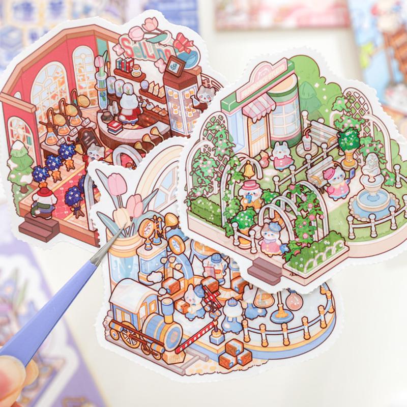 24Pcs/Bag Zoo Small Class Meow Wow Wonderland Series Scenery Sticker Book Three-Dimensional Scene Miniature Sticker Handbook Diy