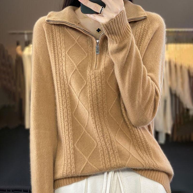 Women's Polo Collar Sweater  Autumn Winter Thick Woolen SweaterSolid Color Pullover Wool Knitwear