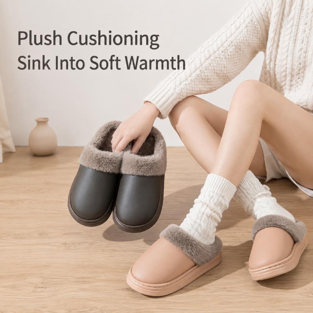 Unisex Closed-Toe House Slippers with Plush Lining, PU Upper, Thick EVA Sole and Slip-On Design for Indoor Winter Wear