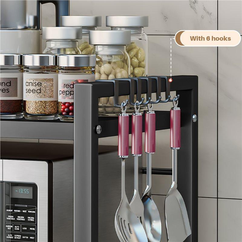 A34R Microwave Shelf 3-Tier Extendable Worktop Shelves With 6 Hooks, Kitchen Shelf, Spice Rack