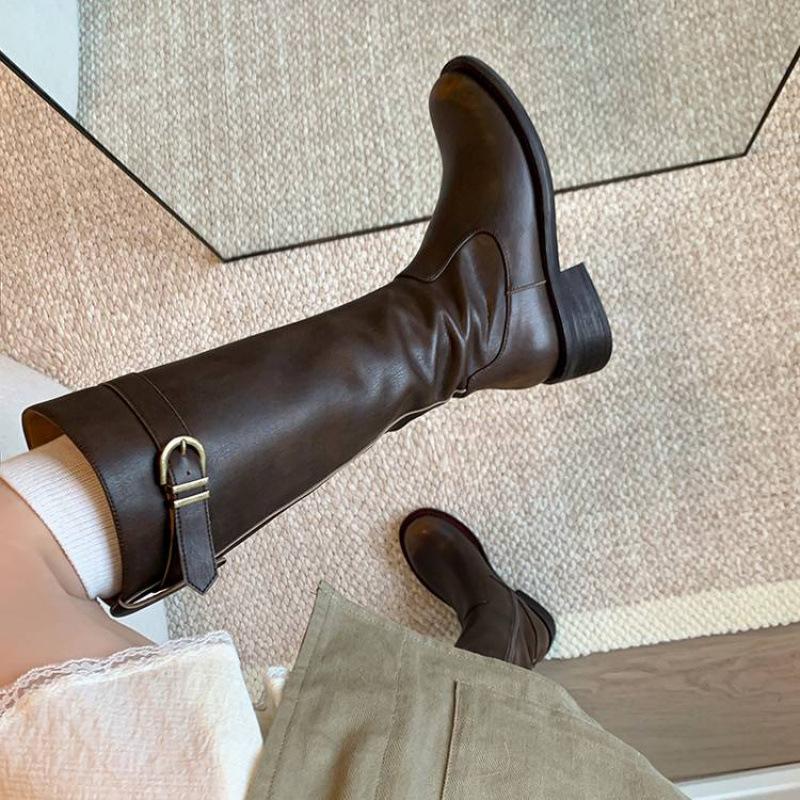 Autumn and winter leather tall boots solid color side zipper middle heel large size women's boots thick-soled non-slip versatile cowhide Martin boots