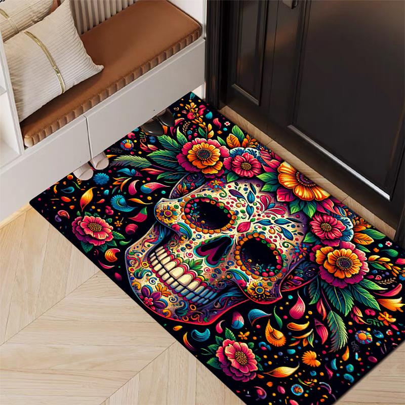 Halloween Smiling Flowers Skull Doormat Soft Rug For Bedroom Living Room Carpet Welcome Mat Outdoor Carpet Home Decoratio