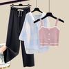 Knitted Suspender Vest Plaid Panel Sunscreen Chiffon Shirt Wide Leg Pants Three-piece Elegant Women Pants Set Summer Outfits