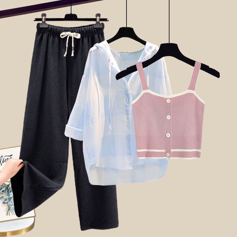 Knitted Suspender Vest Plaid Panel Sunscreen Chiffon Shirt Wide Leg Pants Three-piece Elegant Women Pants Set Summer Outfits