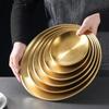 1 Stück Verdickte Neue Edelstahl-Scheibe Goldene Café-Tablett Essens-Tablett Obst Fleisch Dessert Hohe Qualität Runde Platte Flache Schale
