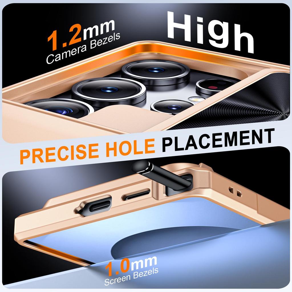 With Card Holder Sliding Camera Cover And Stand For Samsung Galaxy S25 Ultra Phone Case, Anti-Fall PC+TPU Wallet Case-Champagne