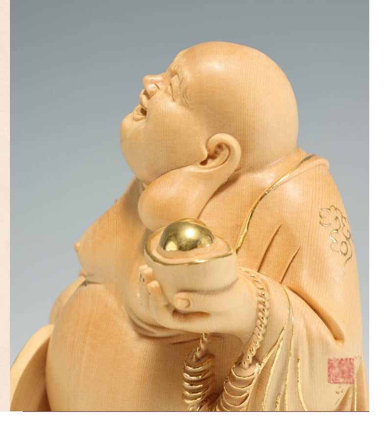 Wooden Buddha Hotei carved cypress wood 15cm x width good luck charm statue, figurine, high-quality (height 11cm),