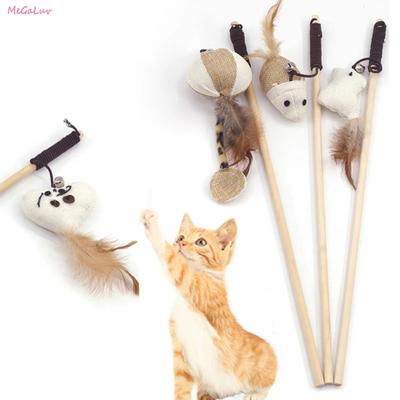 Bois+corde de coton Drôle Bâton pour chat Forme d'animal de dessin animé Plume Clochette Pendentif Bâton en bois Élastique