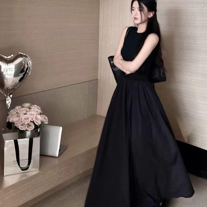 Black Slim Sleeveless Vest Dress Summer New French Hepburn Style Simple Temperament Medium and Long A-shaped Skirt