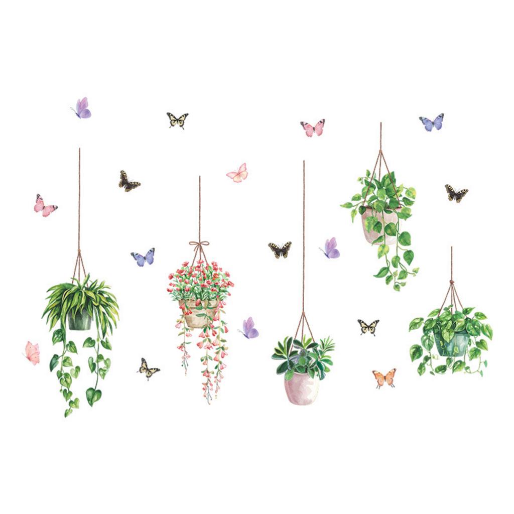 Green Potted Plant Window Decals, Self-Adhesive and Butterfly Wall Stickers for Home Decor
