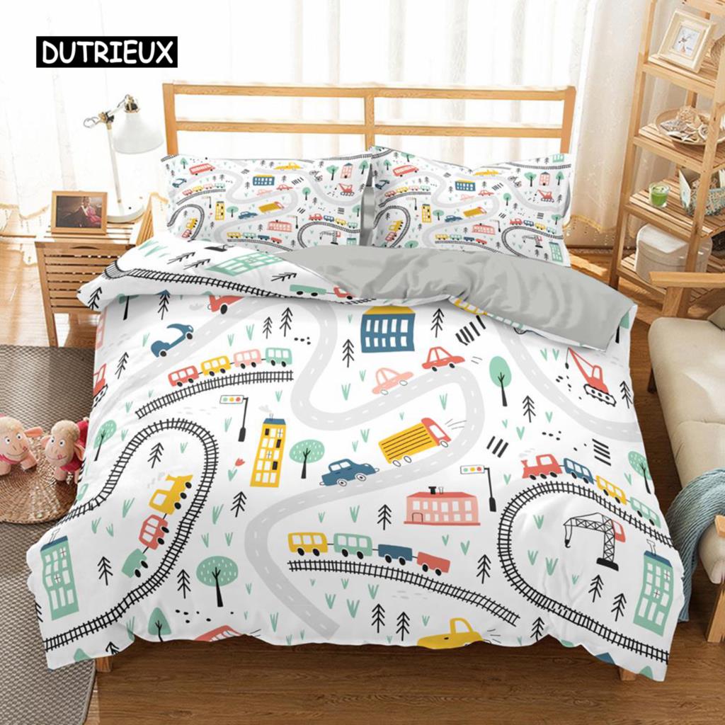 Travel Guide Duvet Cover Set Cartoon Route Car House Building Pattern Bedding Set Microfiber Travel Theme King Size Quilt Cover