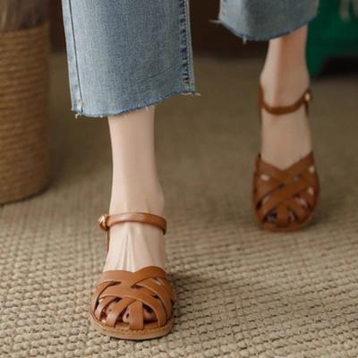 Mode Retro Geflochtene Zehensandalen 2025 Neuer Stil Dicker Absatz Niedriger Absatz Einriemen Römische Damenschuhe