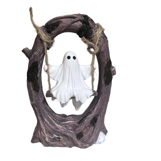 Vintage Tree Swing Ghost Statue On Halloween Decor, Resin Spooky Figurine with Cute And Desktop Decoration Base, Festive Party Tabletop Ornament,