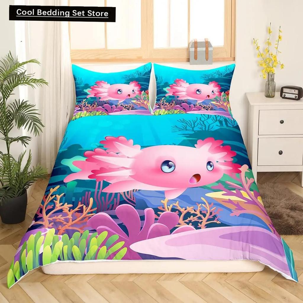 Axolotl-Tier, süßer Haustier-Bettbezug, Kissenbezug, 3-teiliges Bettdecken-Set mit Kissenbezug, Einzel- und Doppel-Bettbezug