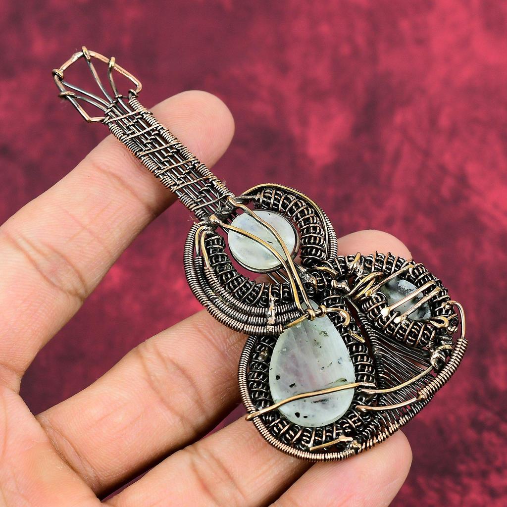 Rainbow Moonstone Pendant Copper Wire Wrapped Jewelry Guitar Pendant Handmade Pendant Gemstone Jewelry Copper Wire Wrap Pendant Gift For Him