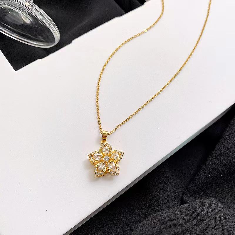 Women s Rotating Bauhinia Five-Petal Flower Pendant Necklace