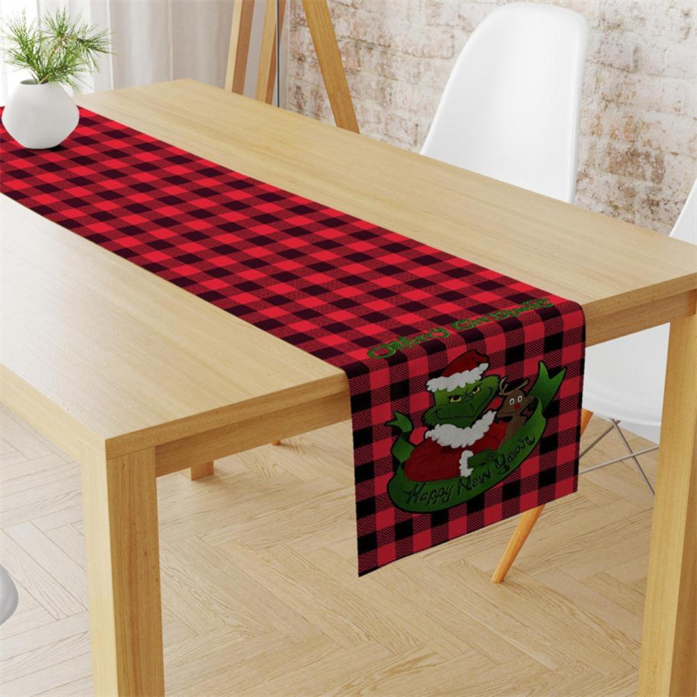 Festive Christmas Table Runner with Holiday Print Linen Table Cover for Home Decor