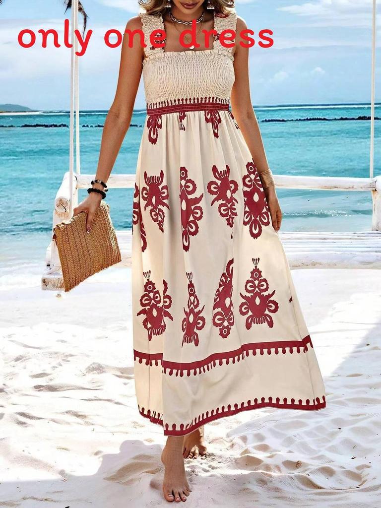 Womens Floral Print Cotton Polyester Sleeveless Maxi Dress For Beach Vacation Wear