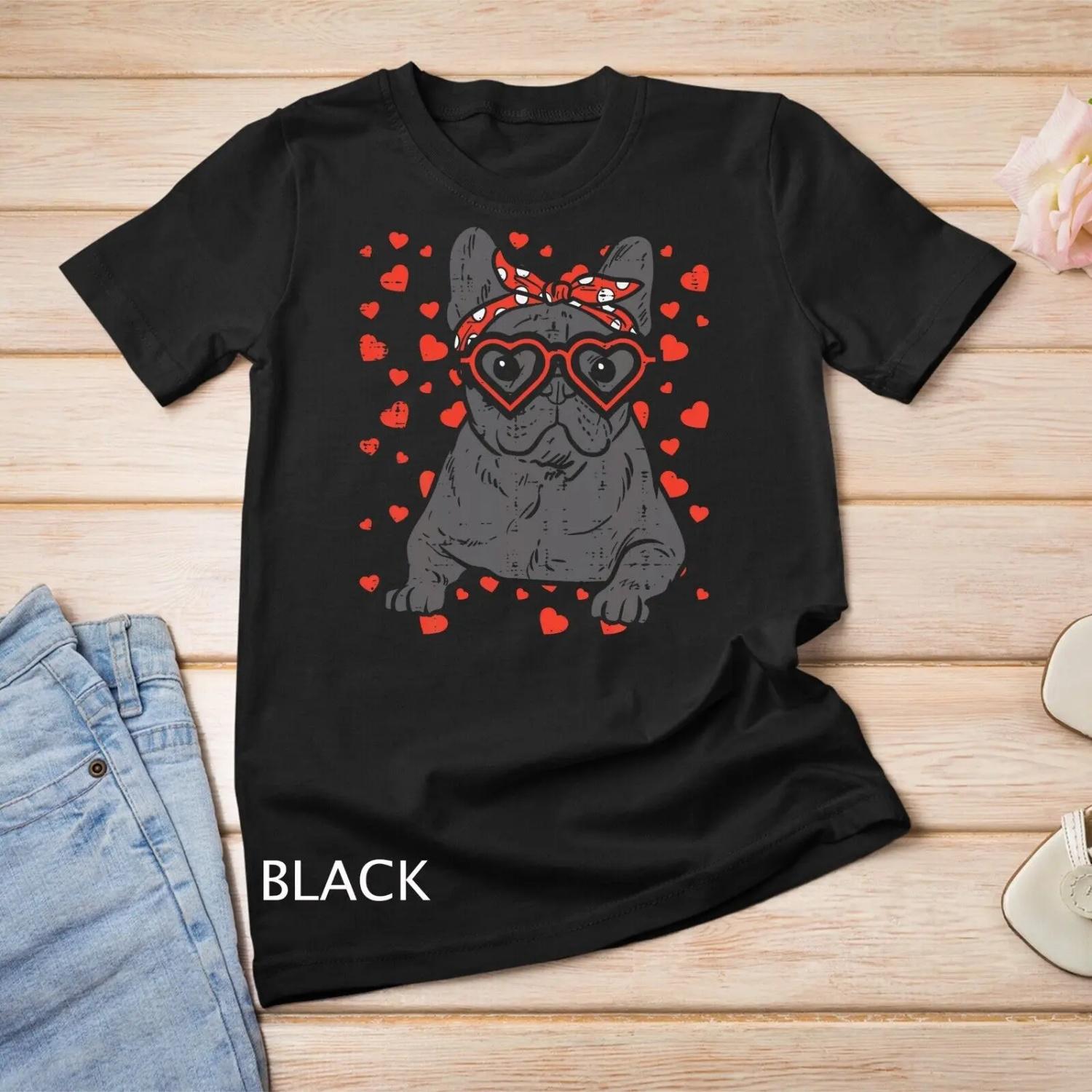 French Bulldog Heart Glasses Valentine Day Frenchie Dog T shirt S чёрный