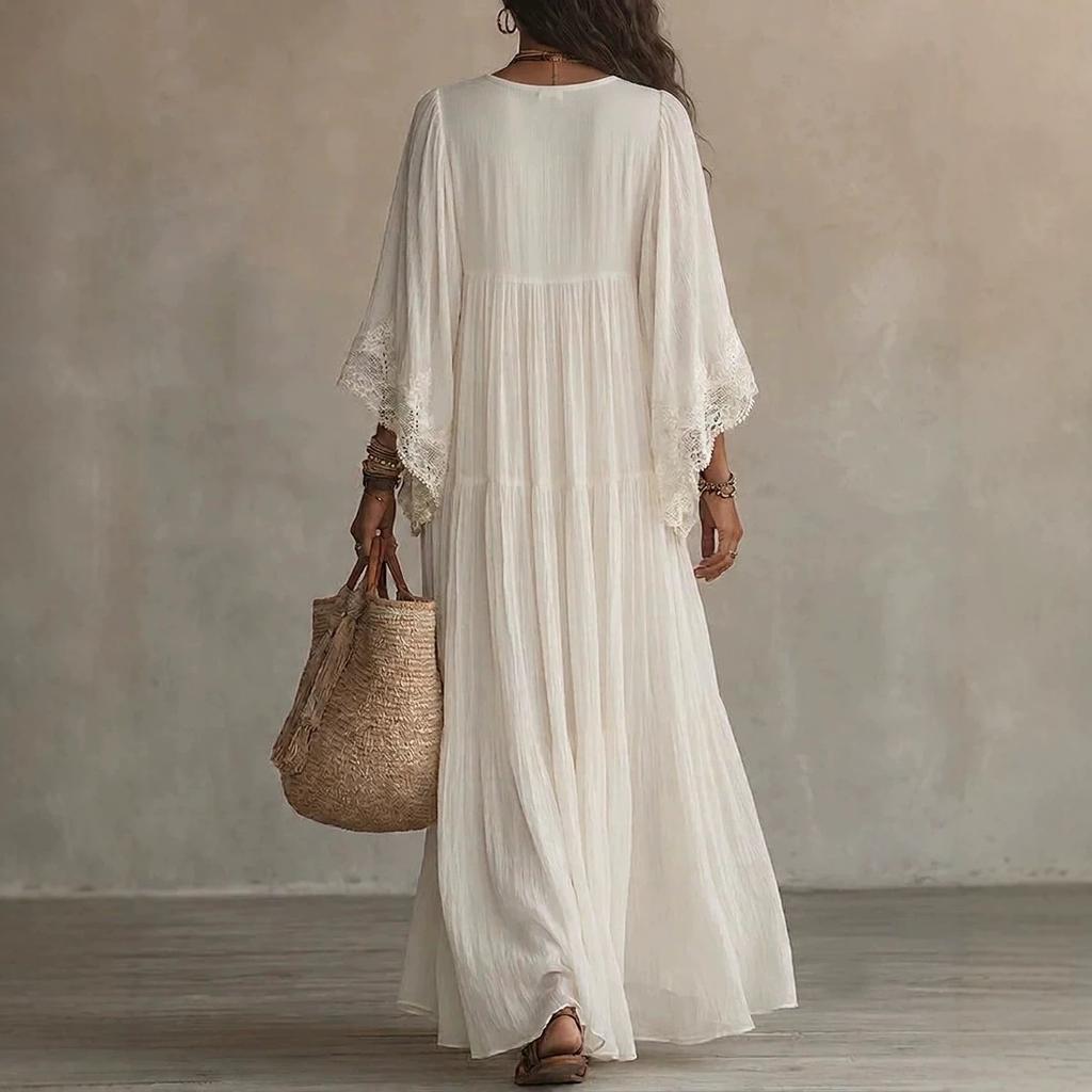 Dámské Boho Maxi Šaty s Krajkovým Detalem a Výstřihem do V, Zvonové Rukávy, Jednobarevné, Ležérní, Volný Střih, Letní Šaty