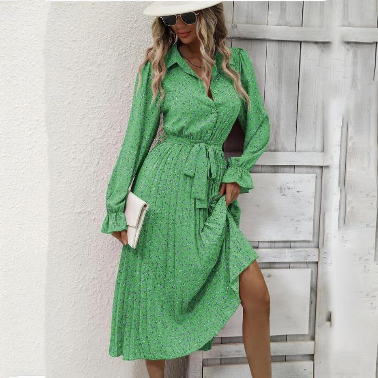 Women's Casual Dress with Flower Print Ankle-Length High Waist V-neck Long Sleeve for Autumn Winter