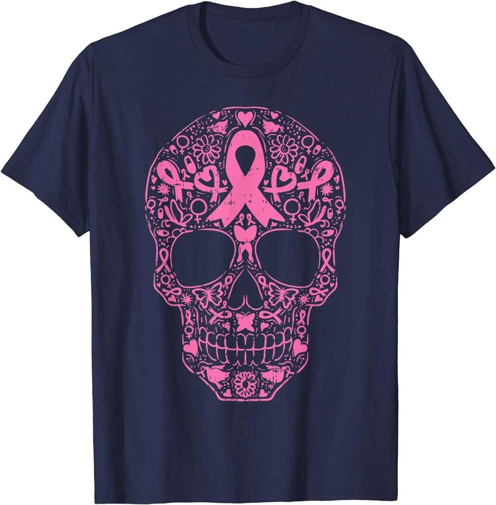 Sugar Skull Pink Ribbon Calavera Brustkrebs-Bewusstseins-T-Shirt, kurz, lässig, täglich, vier Jahreszeiten, T-Shirt, Grafik-T-Shirts, T-Shirts