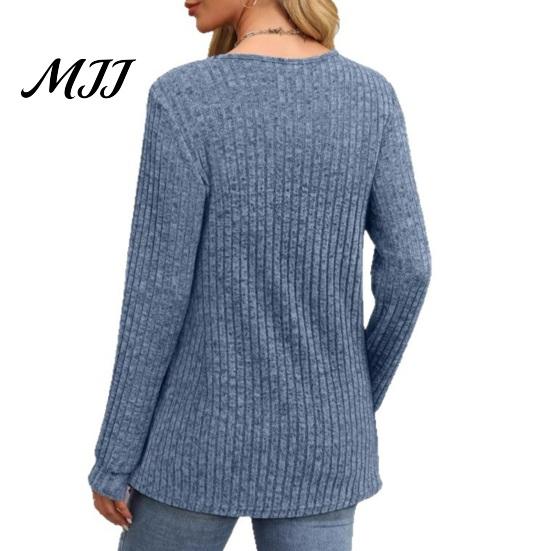 Spring Autumn Top Women Ribbed Long Sleeve Top, Loose Casual Blouse with Button, Solid Pullover Shirts Color Crew Neck ShCrew irt for Soft